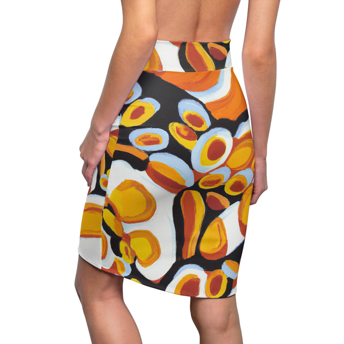 High Waist Womens Pencil Skirt - Contour Stretch - Orange Black White Geometric