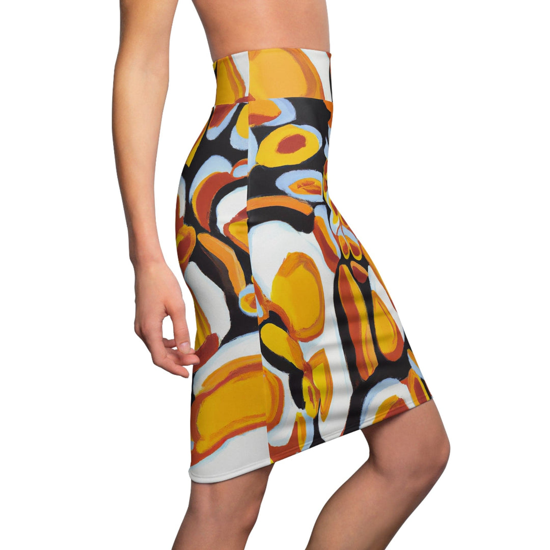 High Waist Womens Pencil Skirt - Contour Stretch - Orange Black White Geometric