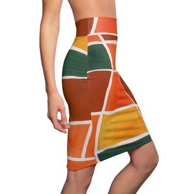 High Waist Womens Pencil Skirt - Contour Stretch - Orange Green Yellow Boho