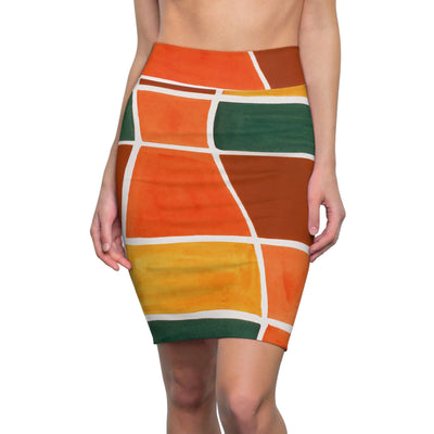 High Waist Womens Pencil Skirt - Contour Stretch - Orange Green Yellow Boho