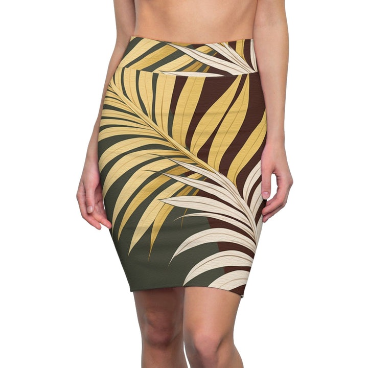 High Waist Womens Pencil Skirt - Contour Stretch - Palm Tree Leaves Green