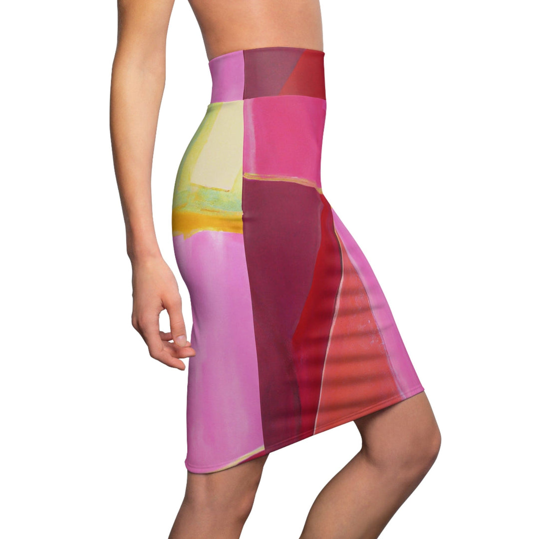 High Waist Womens Pencil Skirt - Contour Stretch - Pink Mauve Red Geometric