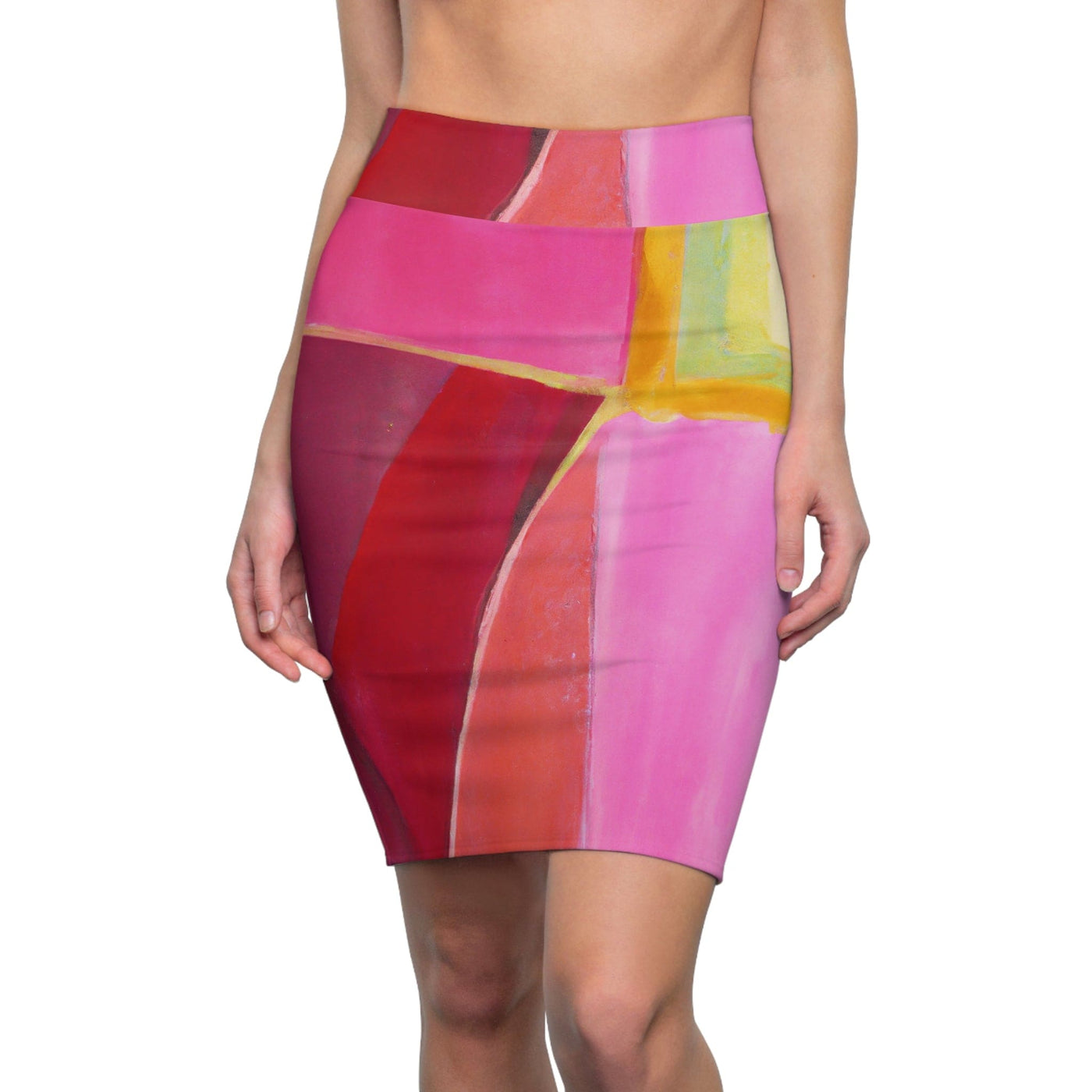 High Waist Womens Pencil Skirt - Contour Stretch - Pink Mauve Red Geometric