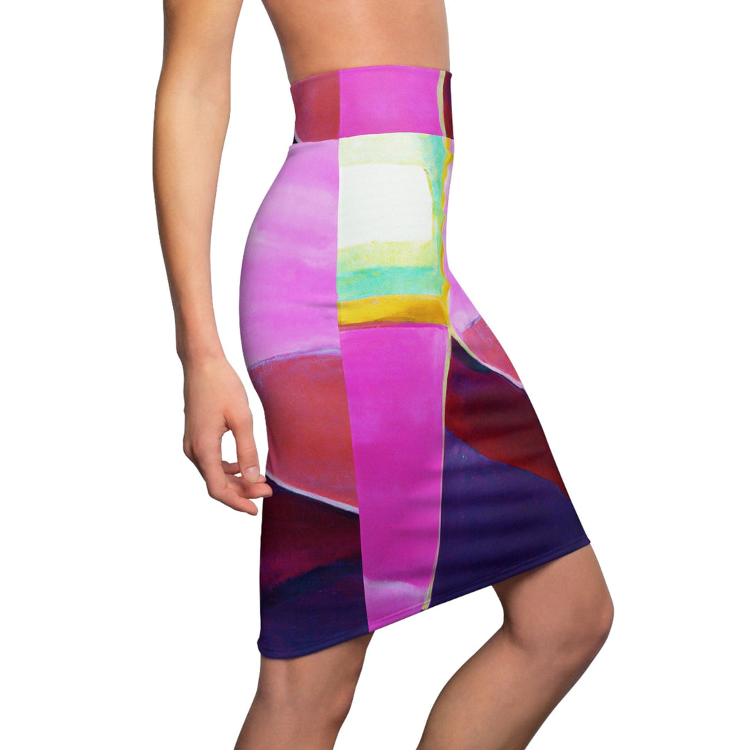 High Waist Womens Pencil Skirt - Contour Stretch - Pink Purple Red Geometric