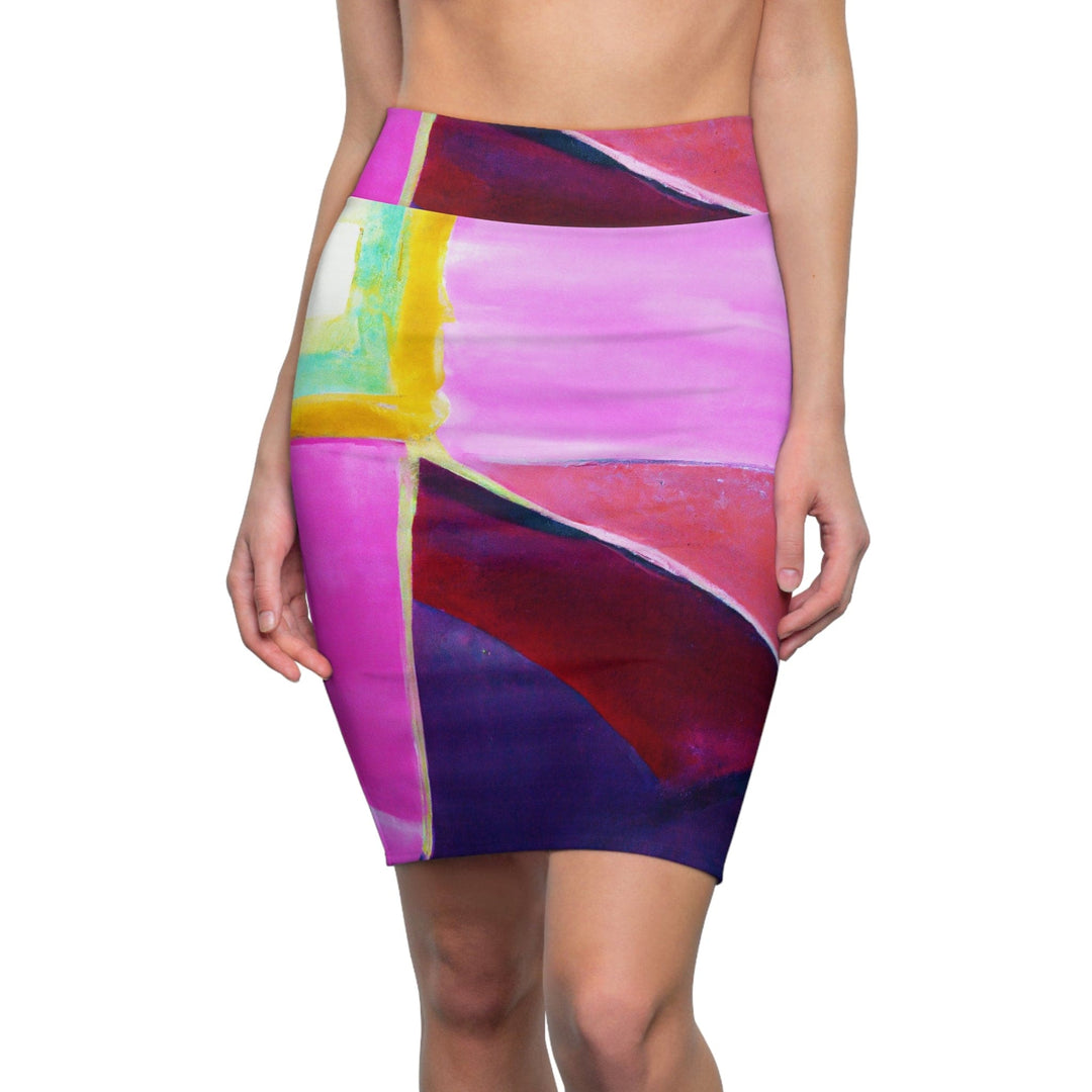 High Waist Womens Pencil Skirt - Contour Stretch - Pink Purple Red Geometric