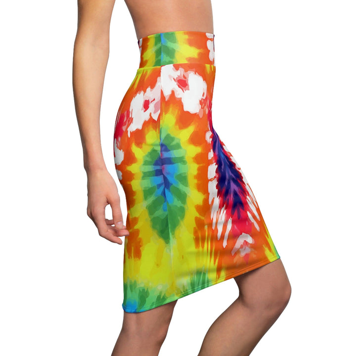 High Waist Womens Pencil Skirt - Contour Stretch Psychedelic Rainbow Tie Dye