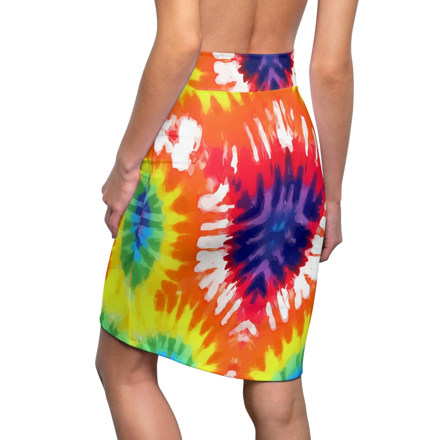 High Waist Womens Pencil Skirt - Contour Stretch Psychedelic Rainbow Tie Dye