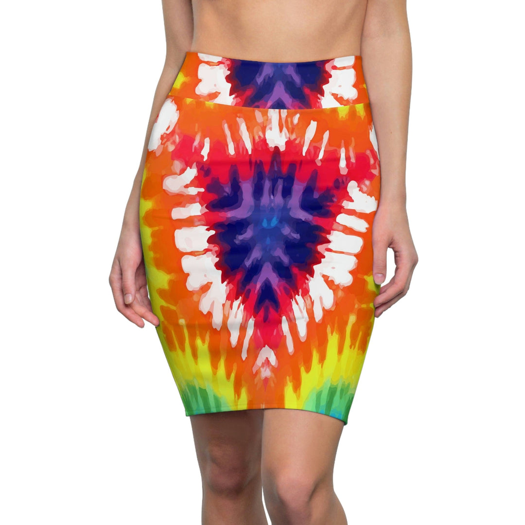 High Waist Womens Pencil Skirt - Contour Stretch Psychedelic Rainbow Tie Dye