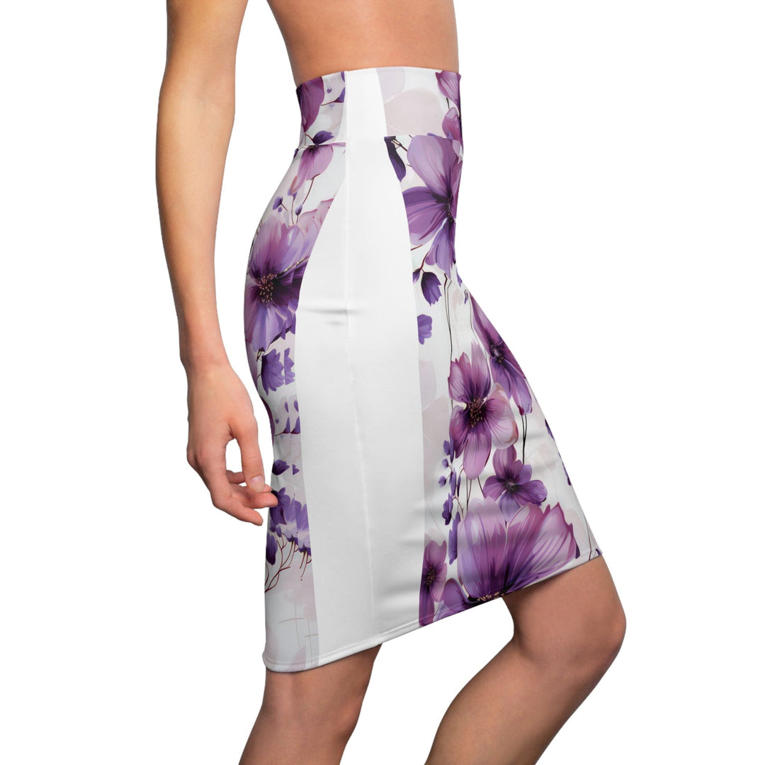 High Waist Womens Pencil Skirt - Contour Stretch - Purple and Violet Botanical