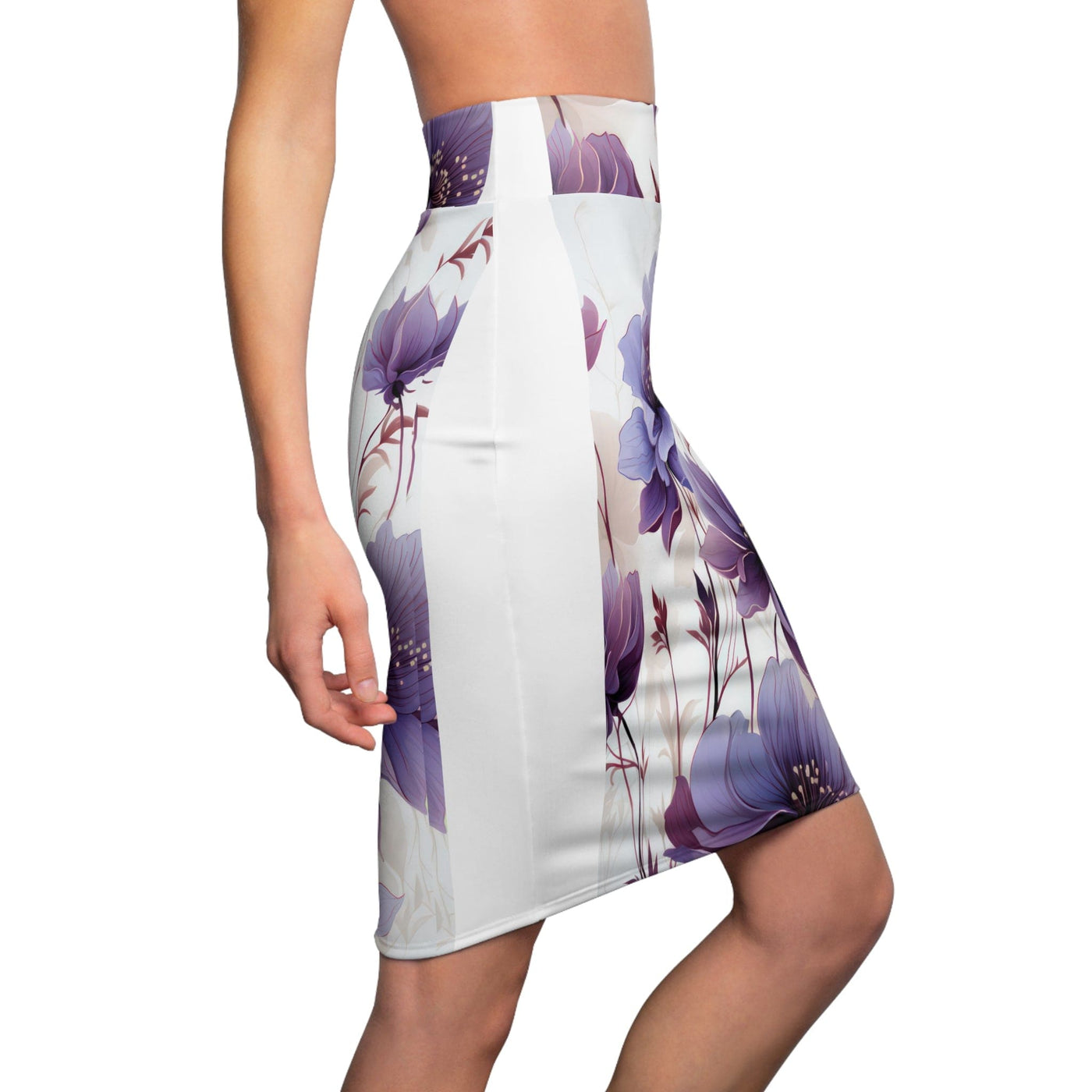 High Waist Womens Pencil Skirt - Contour Stretch - Purple And Violet Botanical