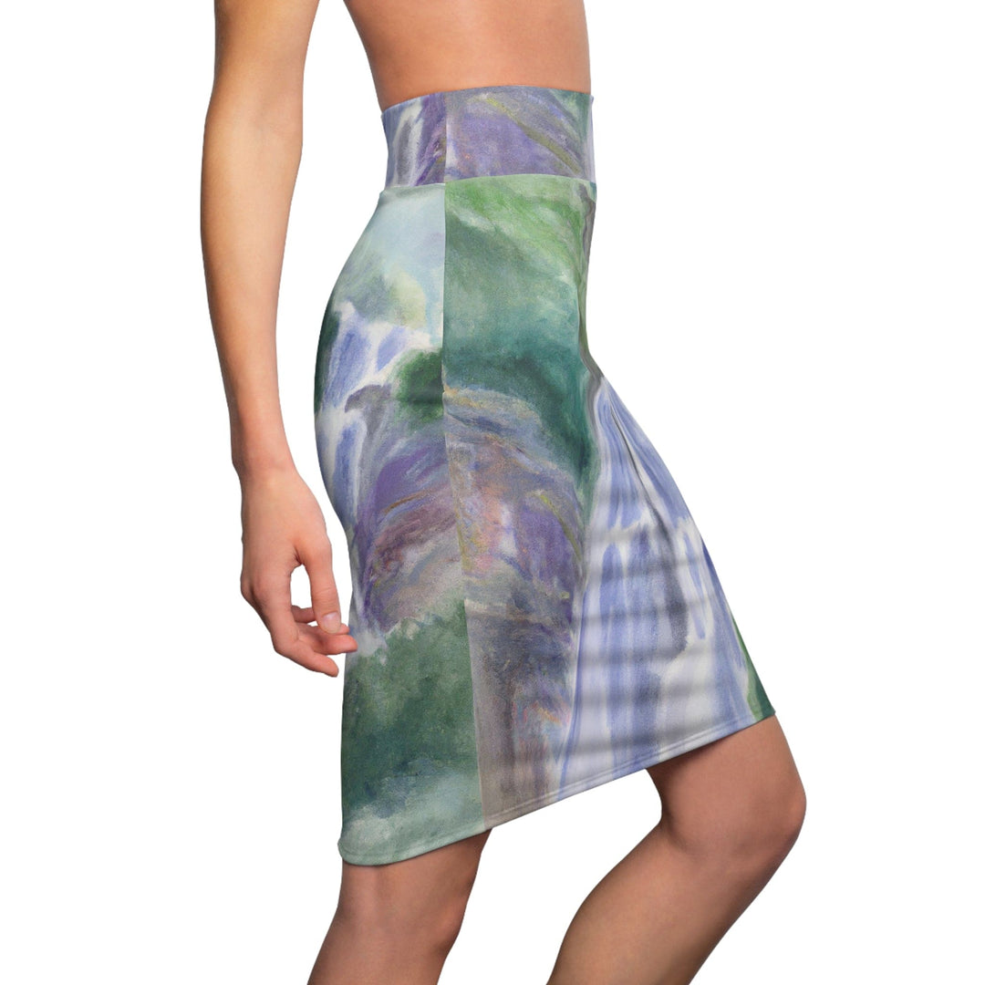 High Waist Womens Pencil Skirt - Contour Stretch - Purple Watercolor Waterfall