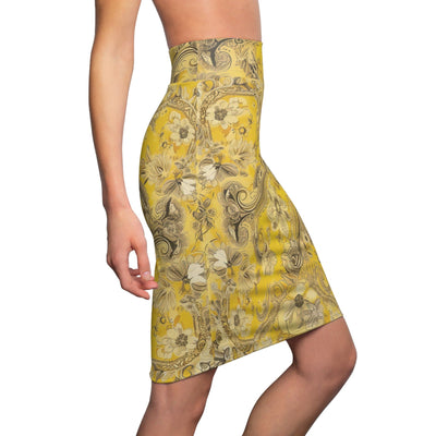 High Waist Womens Pencil Skirt - Contour Stretch - Yellow Floral Bandanna