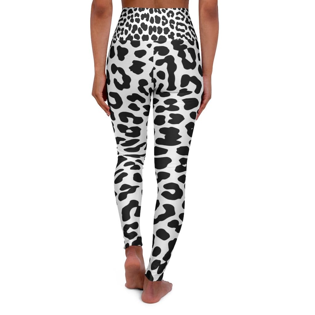 High Waisted Yoga Leggings Black and White Leopard Style Pants - Womens