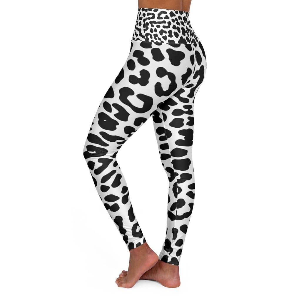 High Waisted Yoga Leggings Black and White Leopard Style Pants - Womens