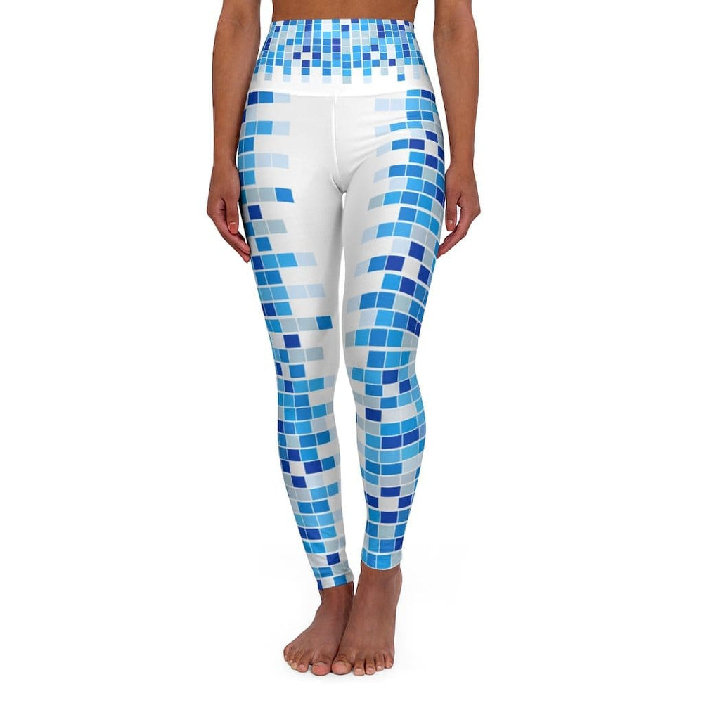 High Waisted Yoga Leggings - Blue and White Mosaic Square Style Pants