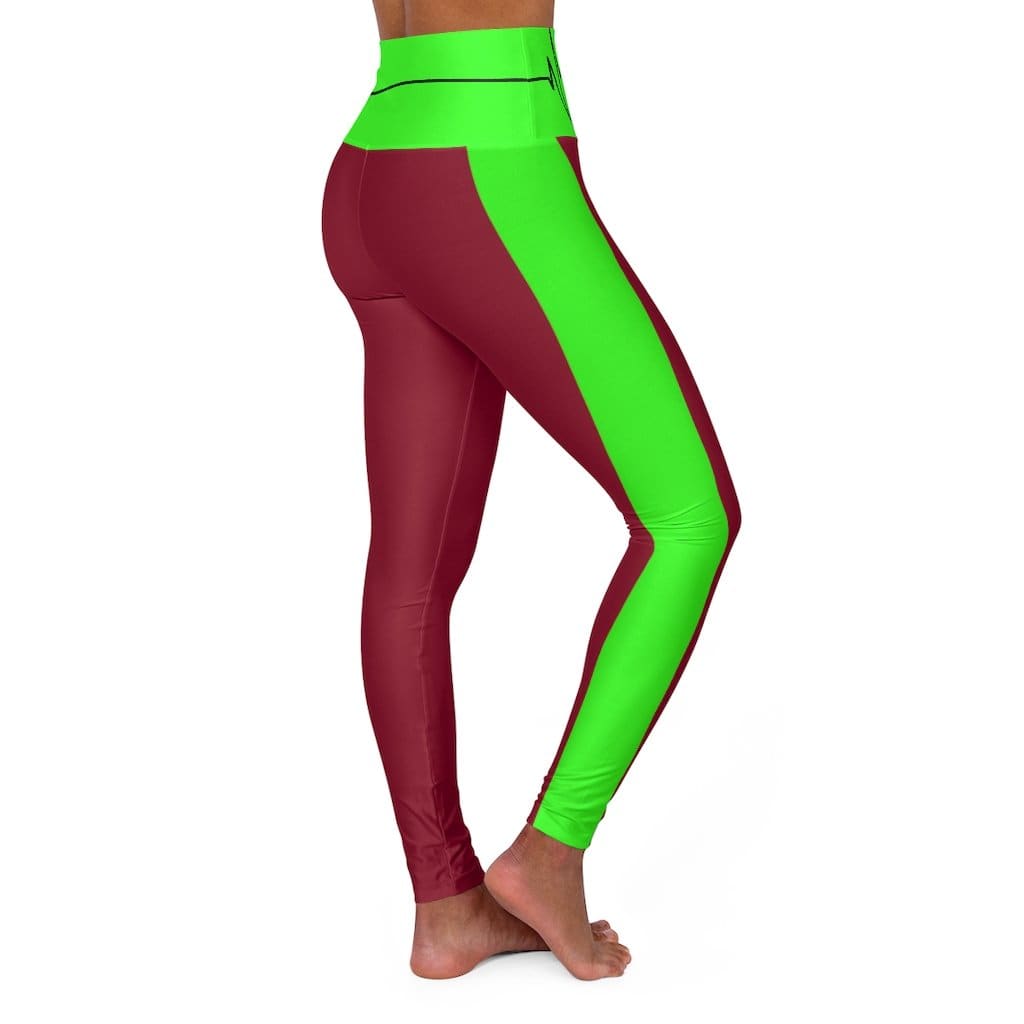 High Waisted Yoga Leggings Dark Red and Neon Green Beating Heart Sports Pants