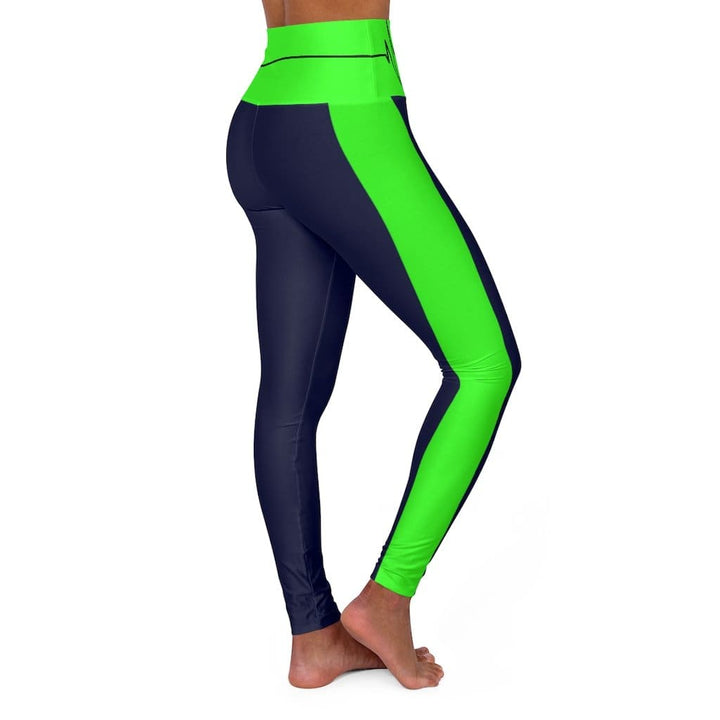 High Waisted Yoga Leggings Navy Blue and Neon Green Beating Heart Sports Pants