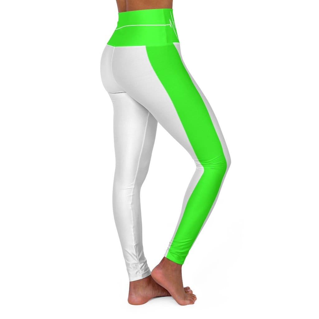 High Waisted Yoga Leggings White and Neon Green White Bordered Beating Heart