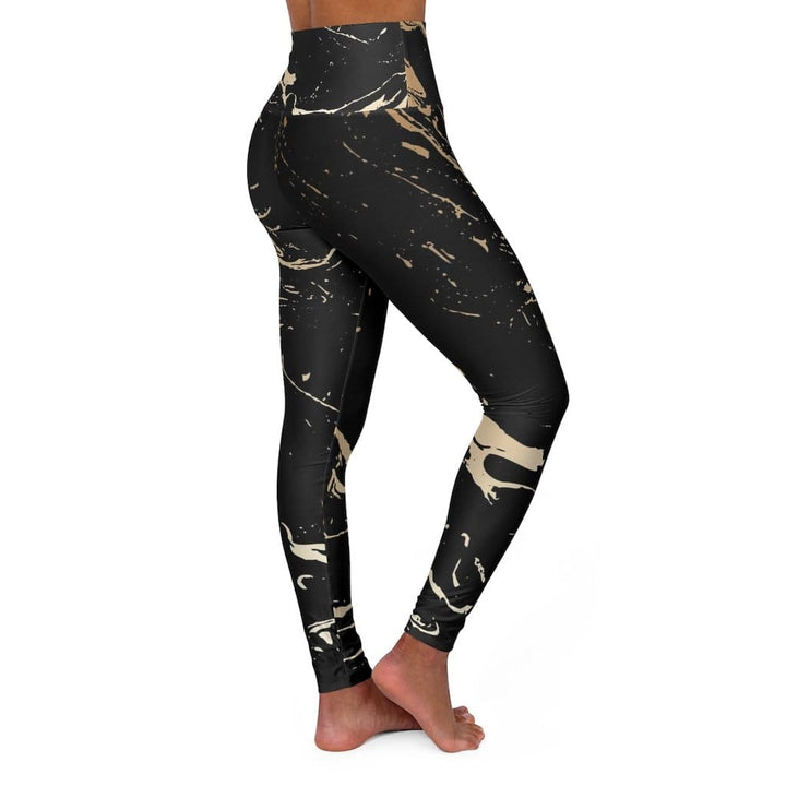 High Waisted Yoga Pants Black and Gold Swirl Style Sports Pants - Womens