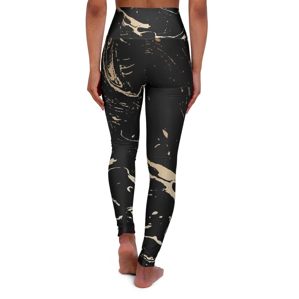 High Waisted Yoga Pants Black and Gold Swirl Style Sports Pants - Womens