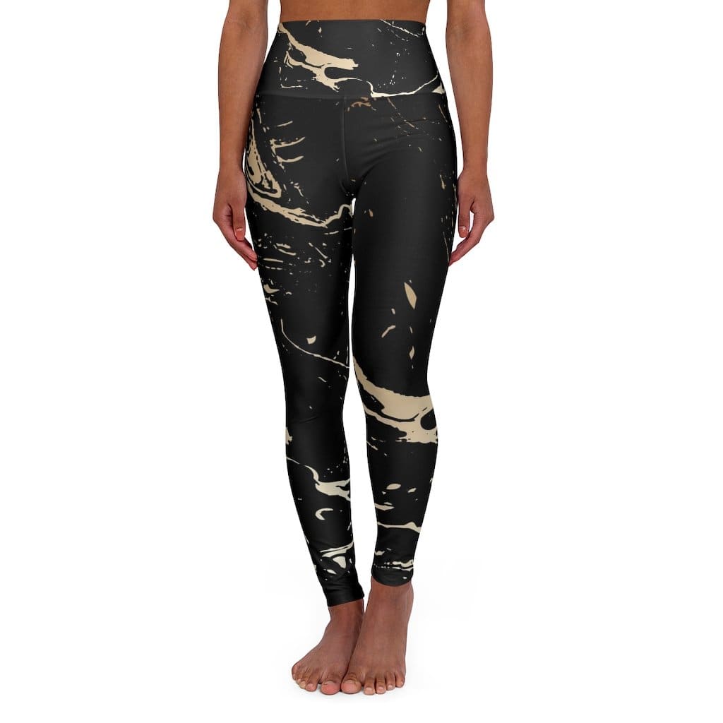 High Waisted Yoga Pants Black and Gold Swirl Style Sports Pants - Womens