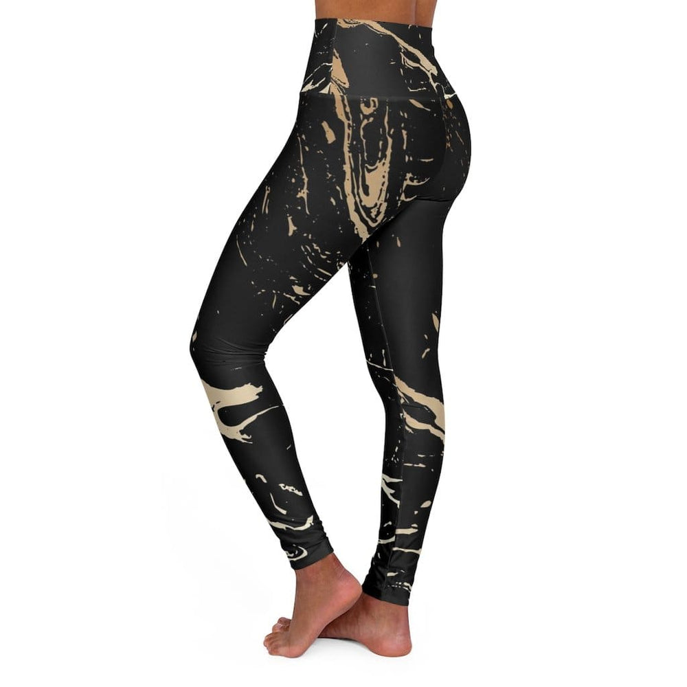 High Waisted Yoga Pants Black and Gold Swirl Style Sports Pants - Womens