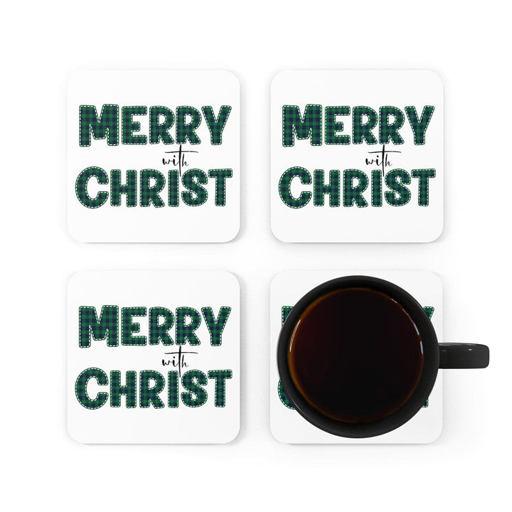 Home Decor Coaster Set - 4 Piece Home/office Merry with Christ Green Plaid