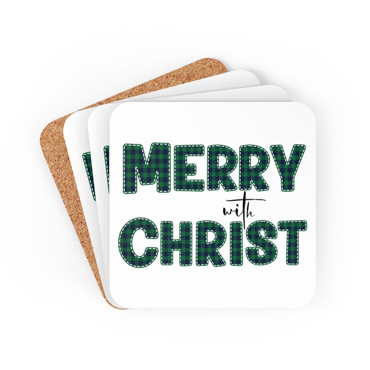 Home Decor Coaster Set - 4 Piece Home/office Merry With Christ Green Plaid