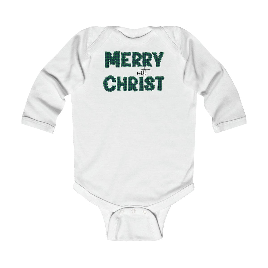 Infant Long Sleeve Bodysuit Merry with Christ Green Plaid Christmas Holiday