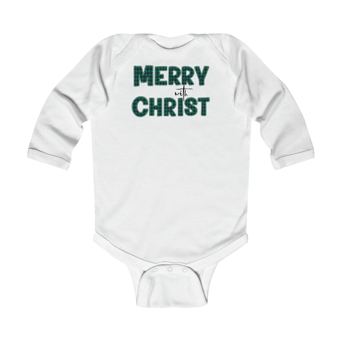 Infant Long Sleeve Bodysuit Merry With Christ Green Plaid Christmas Holiday