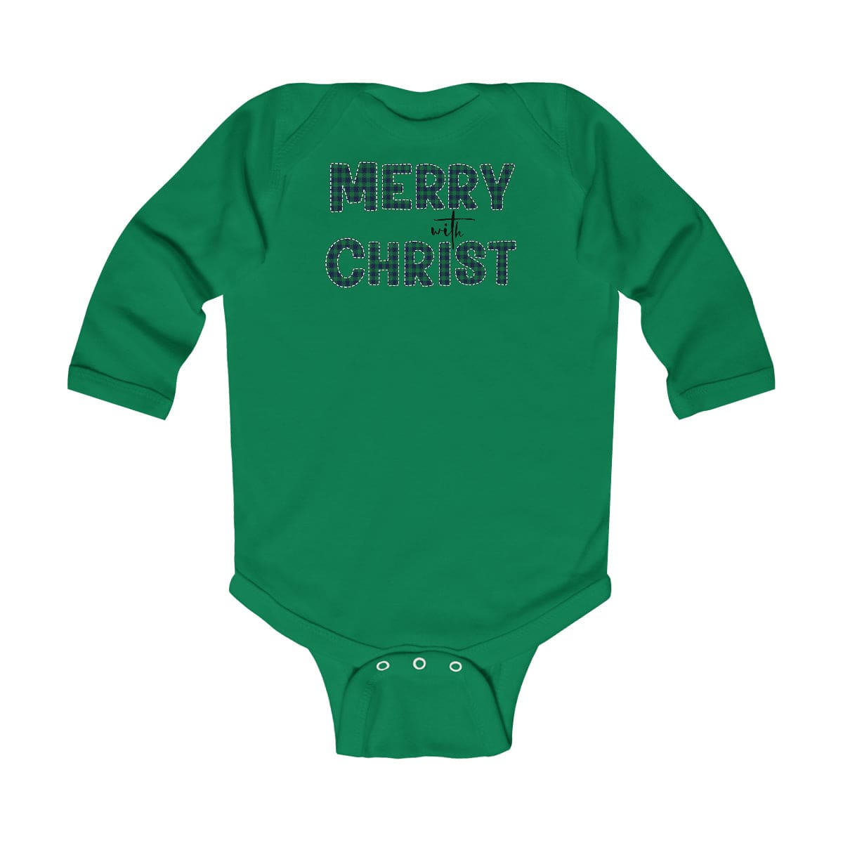 Infant Long Sleeve Bodysuit Merry With Christ Green Plaid Christmas Holiday