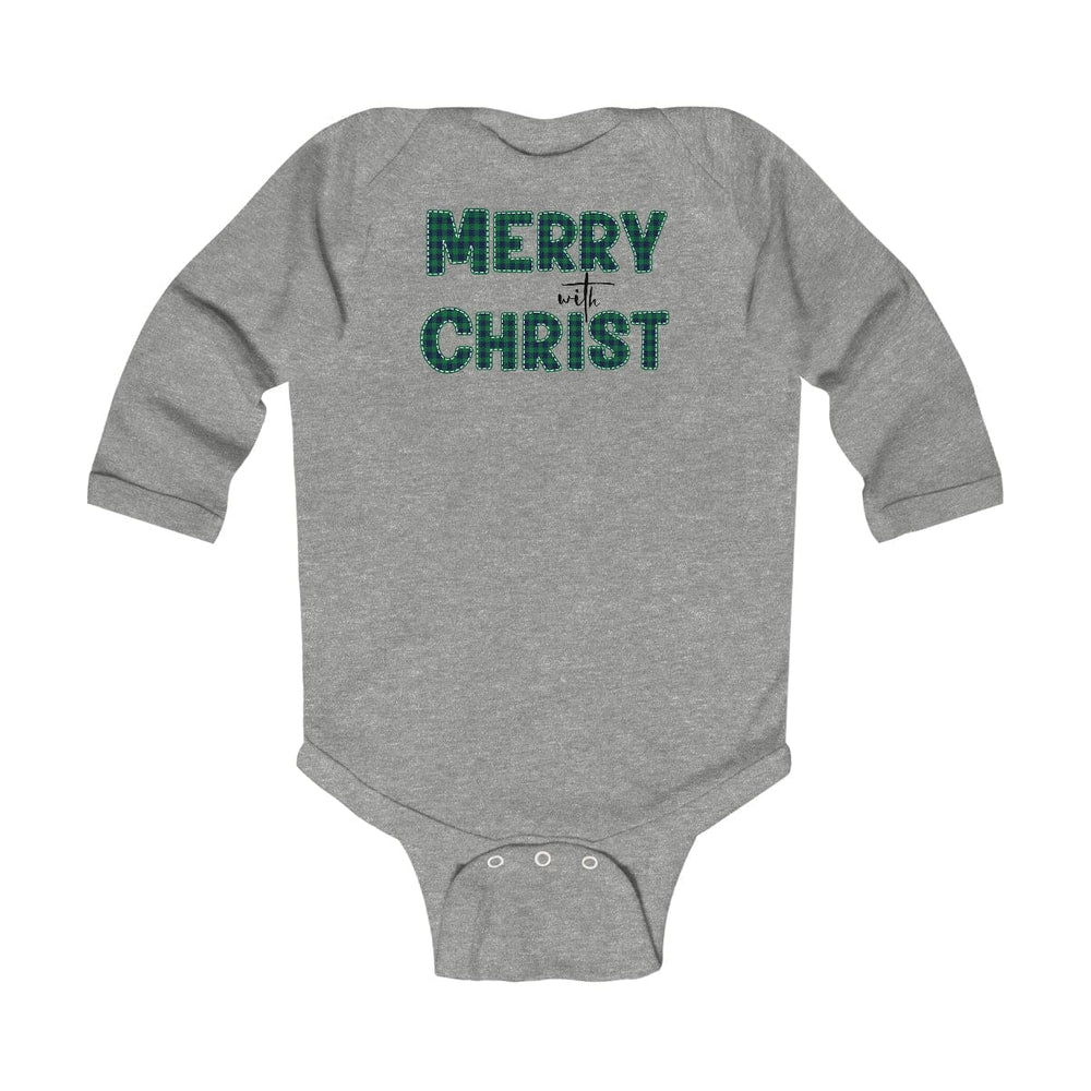 Infant Long Sleeve Bodysuit Merry With Christ Green Plaid Christmas Holiday