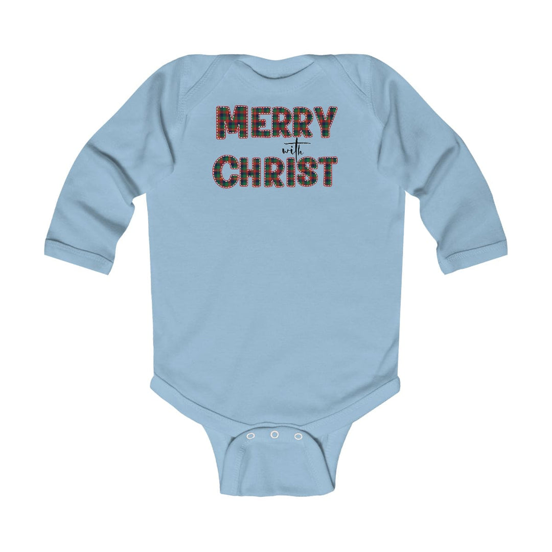 Infant Long Sleeve Bodysuit Merry With Christ Red And Green Plaid Christmas