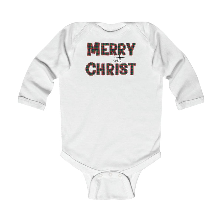 Infant Long Sleeve Bodysuit Merry With Christ Red And Green Plaid Christmas