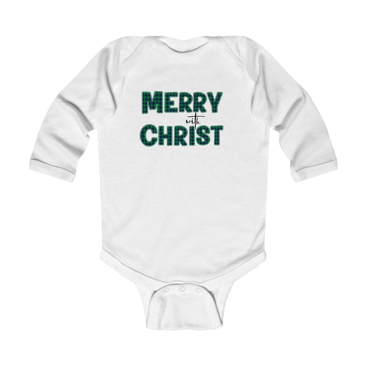 Infant Long Sleeve Graphic T-shirt Merry with Christ Green Plaid - Childrens