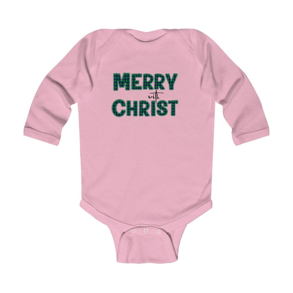 Infant Long Sleeve Graphic T-shirt Merry with Christ Green Plaid - Childrens