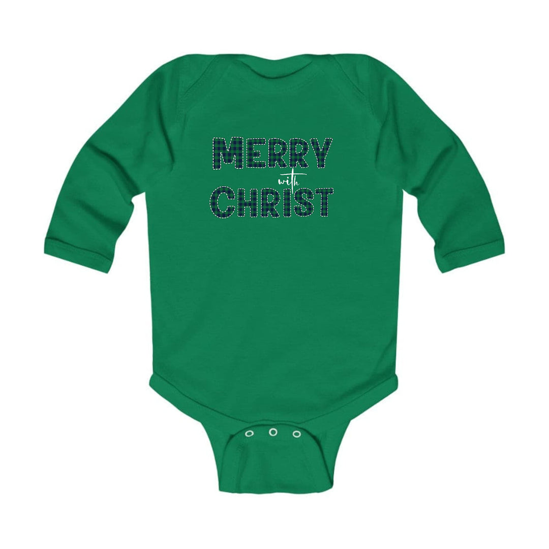 Infant Long Sleeve Graphic T-shirt - Merry with Christ - Green Plaid