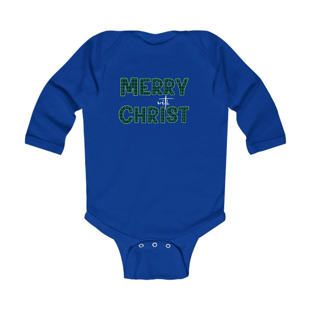 Infant Long Sleeve Graphic T-shirt Merry with Christ Green Plaid - Childrens