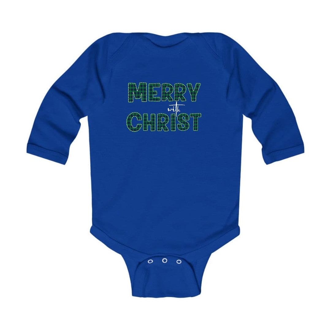 Infant Long Sleeve Graphic T-shirt - Merry with Christ - Green Plaid