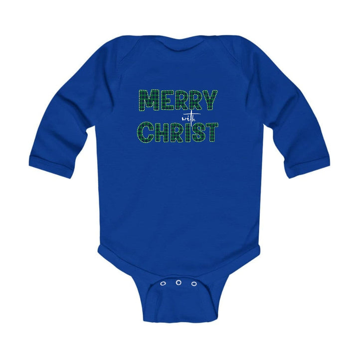 Infant Long Sleeve Graphic T-shirt - Merry with Christ - Green Plaid