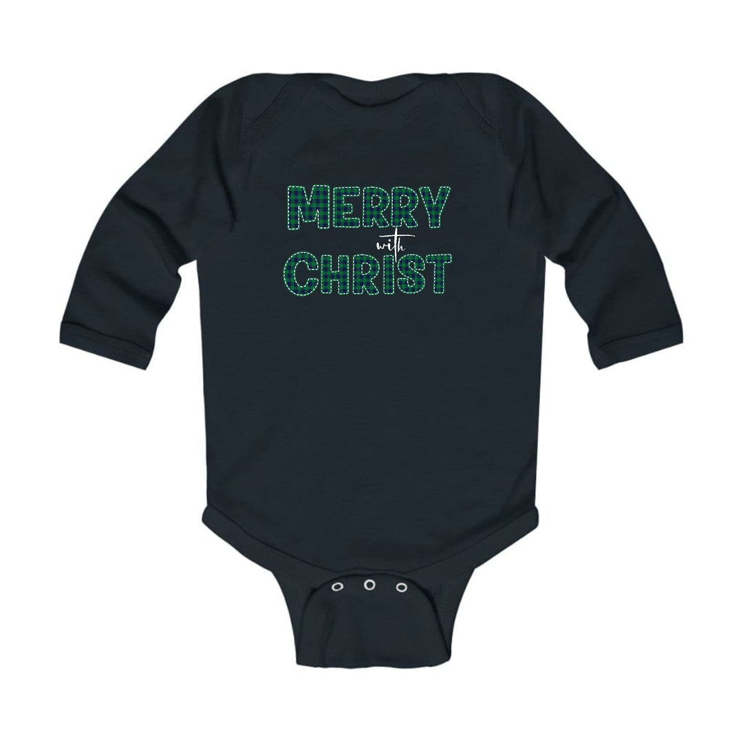 Infant Long Sleeve Graphic T-shirt Merry with Christ Green Plaid - Childrens