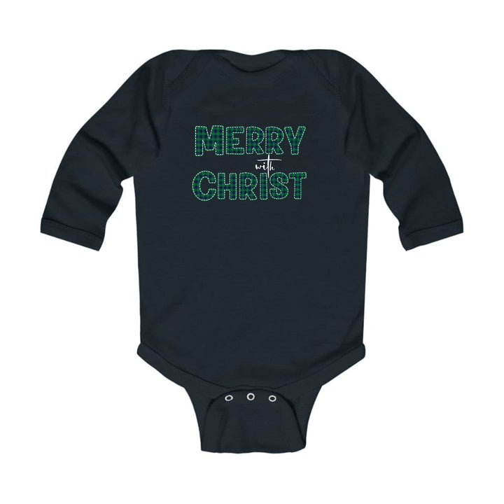 Infant Long Sleeve Graphic T-shirt - Merry with Christ - Green Plaid