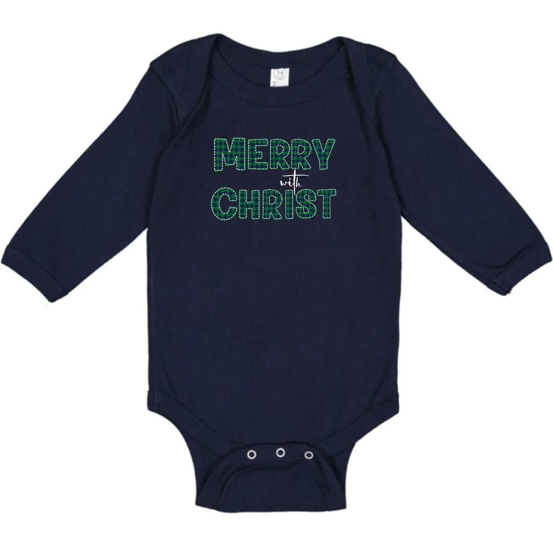 Infant Long Sleeve Graphic T-shirt - Merry with Christ - Green Plaid