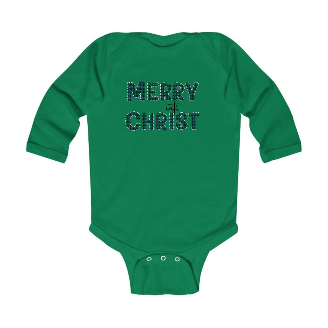 Infant Long Sleeve Graphic T-shirt Merry with Christ Green Plaid - Childrens