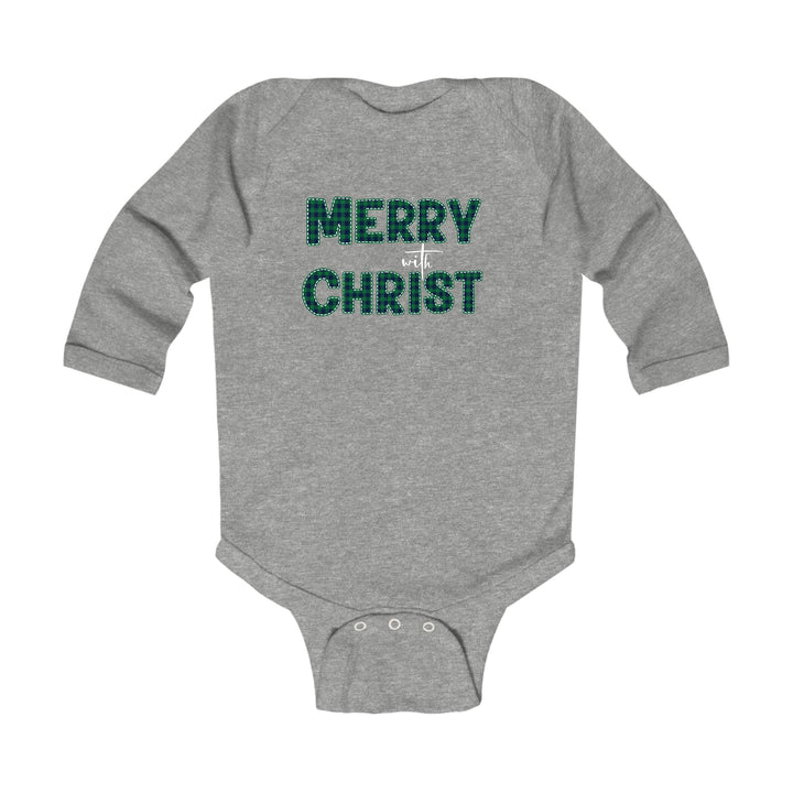 Infant Long Sleeve Graphic T-shirt - Merry with Christ - Green Plaid