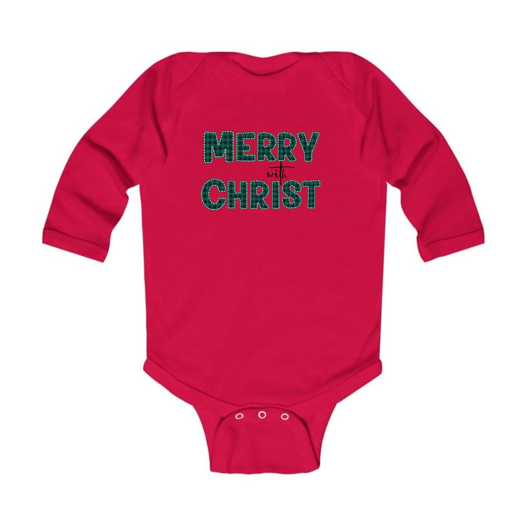 Infant Long Sleeve Graphic T-shirt Merry with Christ Green Plaid - Childrens