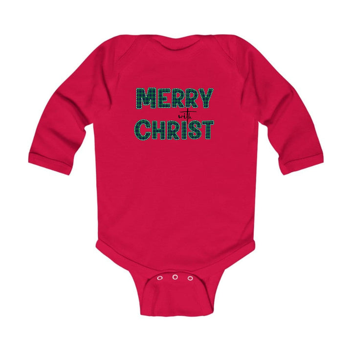 Infant Long Sleeve Graphic T-shirt Merry with Christ Green Plaid - Childrens