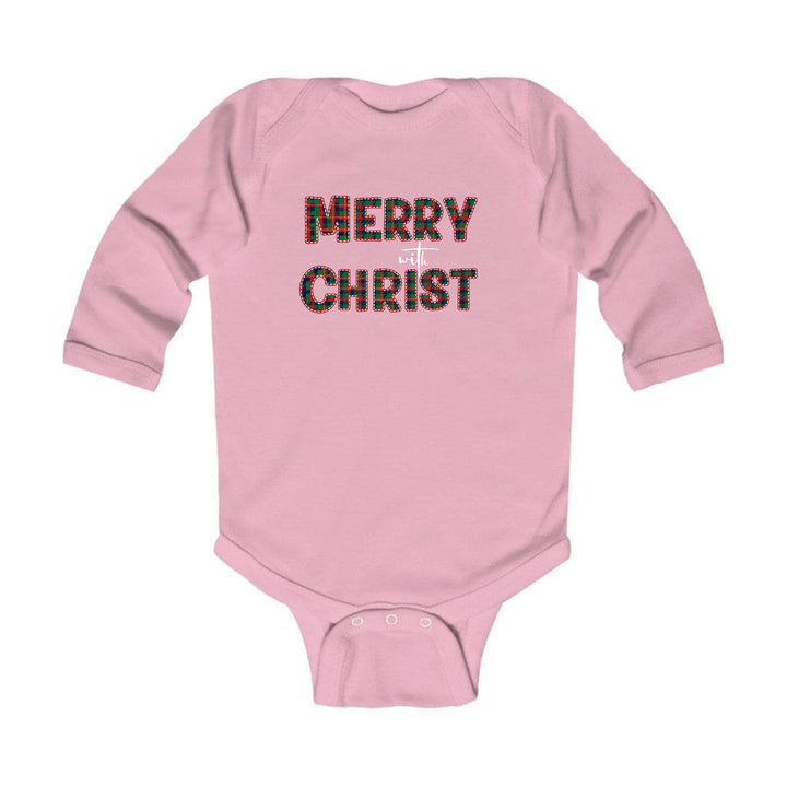 Infant Long Sleeve Graphic T-shirt Merry with Christ Red and Green - Childrens