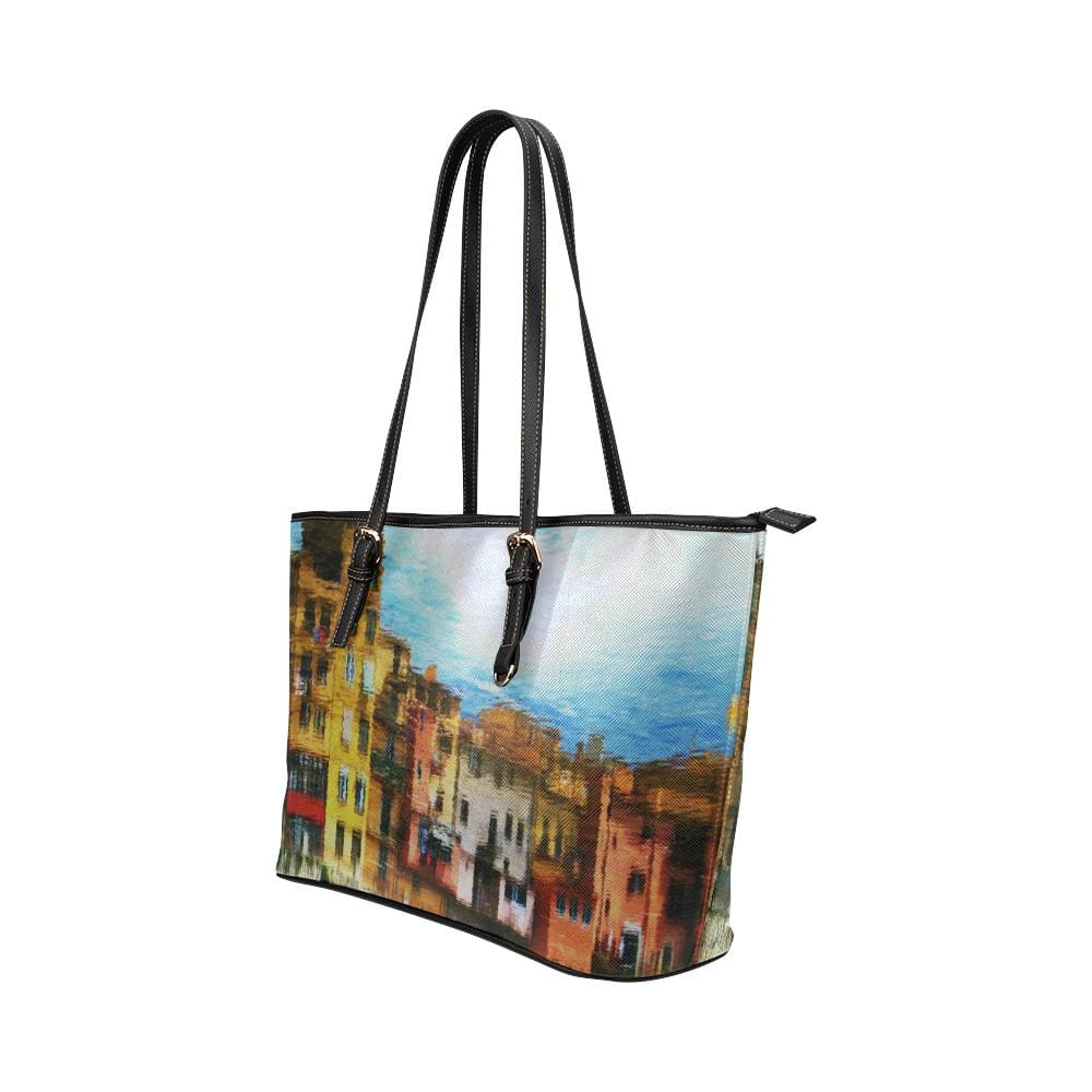 Large Leather Tote Shoulder Bag - Architectural Multicolor Illustration