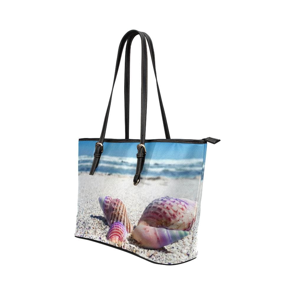 Large Leather Tote Shoulder Bag - Beach and Sand Seashell Handbag - Bags